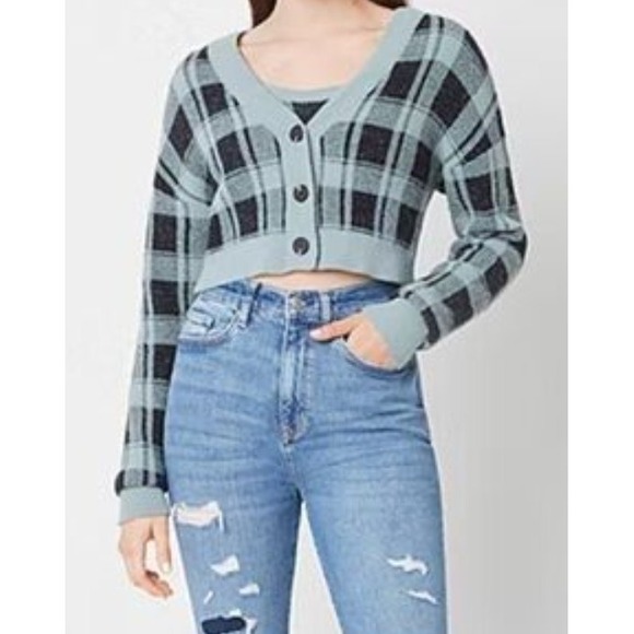 NWT Arizona Jean Company Cropped Flannel Cardigan 2 Piece Size Medium Blue/Black - Picture 11 of 11